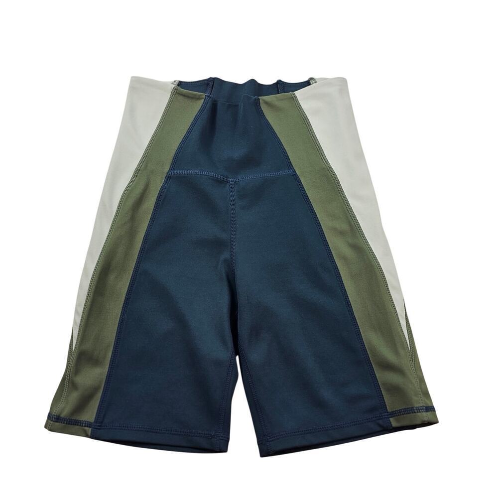 Senita sz S biker work out hidden side pocket shorts color block EUC blue teal